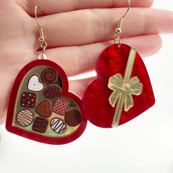 Heart Shaped Box of Chocolates Earrings, Valentine's Day Earrings - Picture 3 of 4